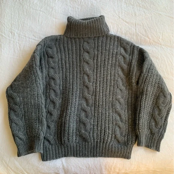 Doen Leighton Merino Wool Cable Knit Turtle Mock Neck Sweater Dark Grey - Picture 9 of 10